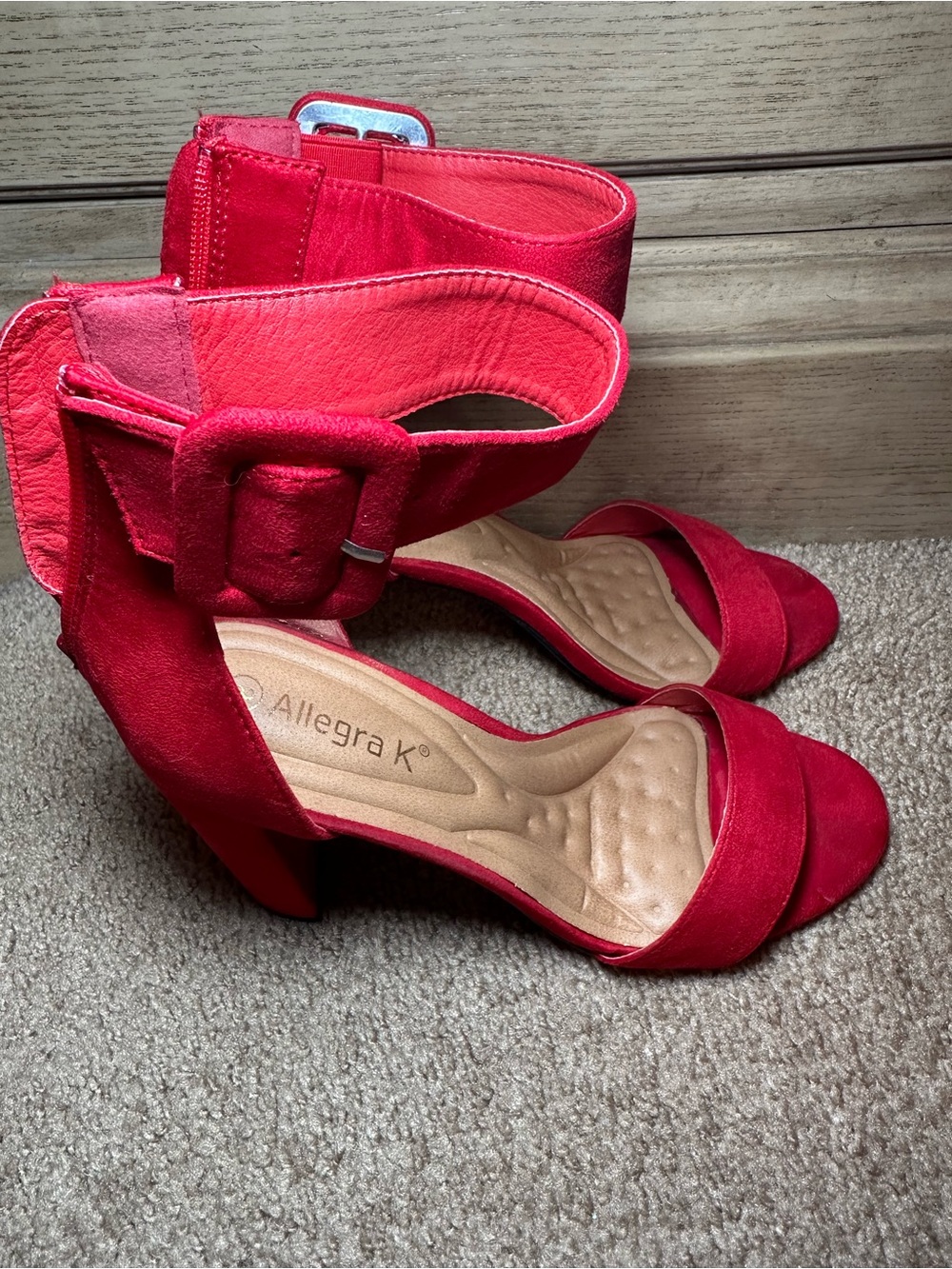 Allegra K Red Suede Block Heel Ankle Strap Sandals